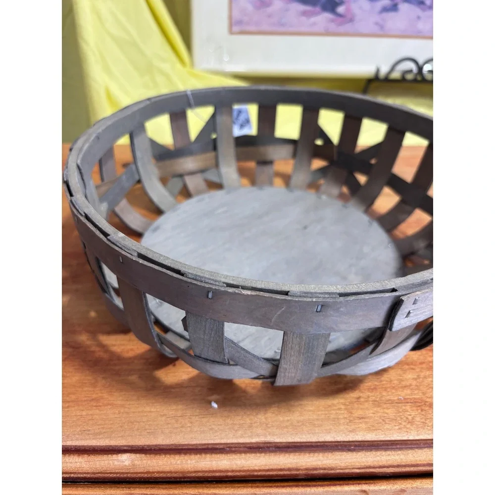 Rustic Gray Round Wooden Tobacco Basket Farmhouse Centerpiece Bowl 11in
